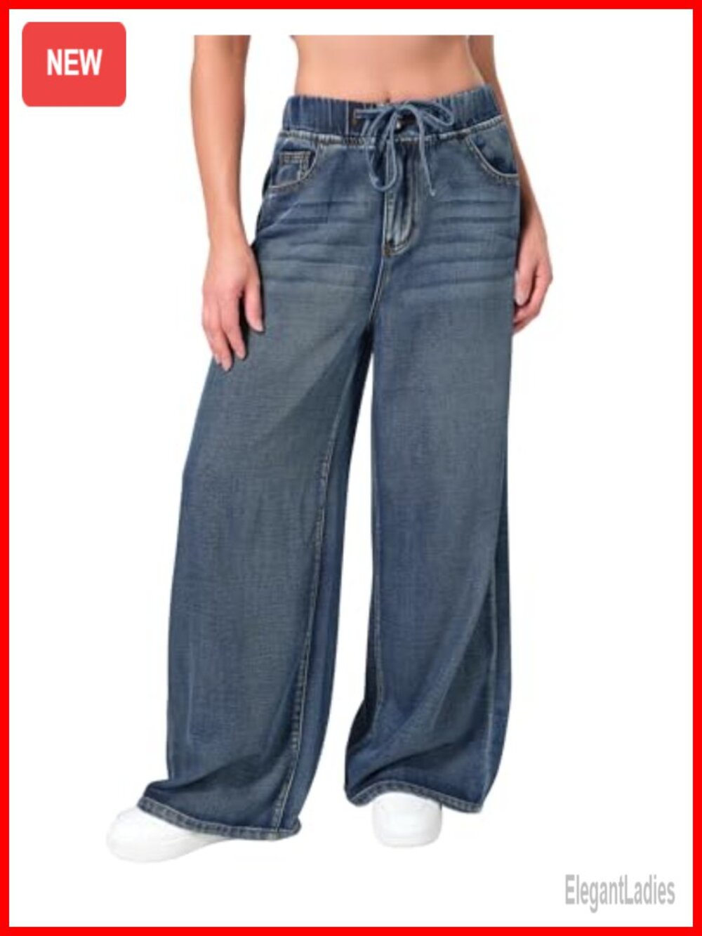 Wide Leg High Rise Jeans with Drawstring Elastic Waist Non-Stretch Denim